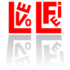 Love life, typographic vector image in red and grey