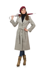 Woman with umbrella isolated on white