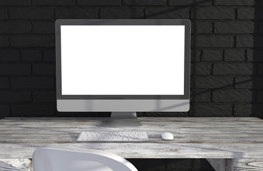 Fototapeta premium 3D illustration PC screen on table near brick wall Workspace