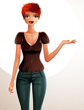Illustration of a young pretty woman with a modern haircut. Full