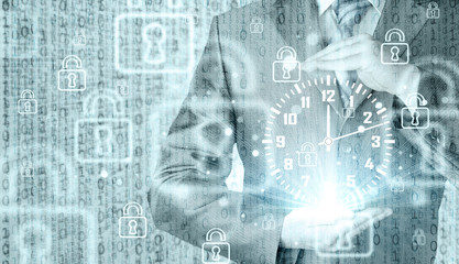 Image of businessman holding clock against illustration