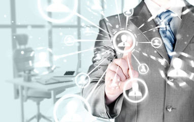 man hand pressing social media icon