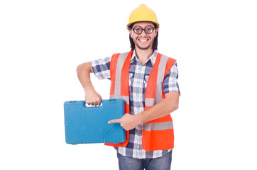 Funny young construction worker with toolbox isolated on white