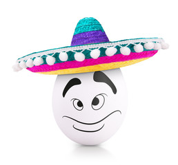 Concept white egg with emotions in clothes