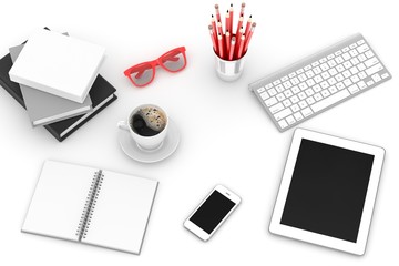 keyboard and office stuff, workplace, top view