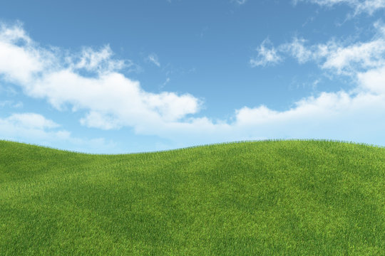 landscape with green meadow and blue sky with white clouds