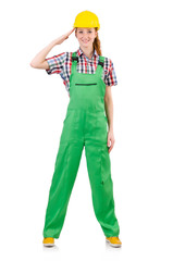 Female handyman in overalls isolated on white