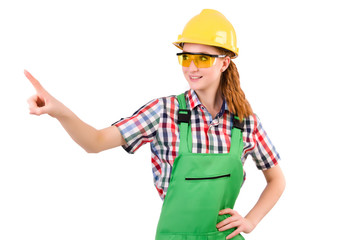 Female handyman in overalls isolated on white