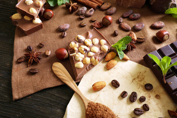 Chocolate with mint, spices and coffee beans on table, closeup