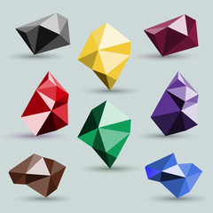 Set of abstract colorful icons polygonal crystals on a gray