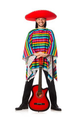 Mexican in vivid poncho holding guitar isolated on white
