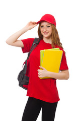 Pretty girl with backpack isolated on white