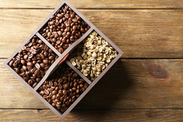 Coffee beans in box on wooden table, top view