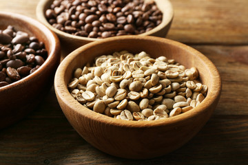 Coffee beans on wooden table, closeup