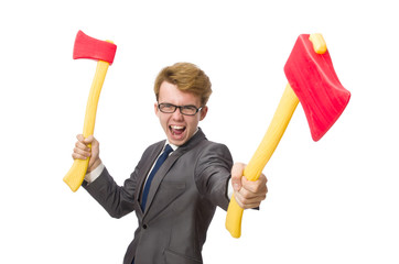 Young businessman with weapon isolated on white