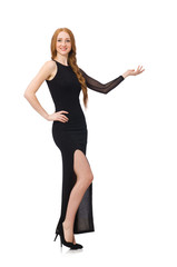 Fototapeta premium Young lady in elegant black dress isolated on white