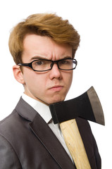 Young businessman with weapon isolated on white