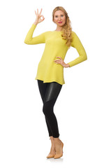 Fototapeta premium Pretty young woman in yellow blouse isolated on white