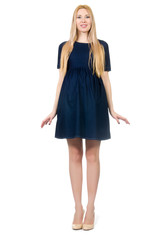 Beautiful pregnant woman in blue dress isolated on white