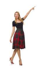 Beautiful young woman in plaid dress isolated on white