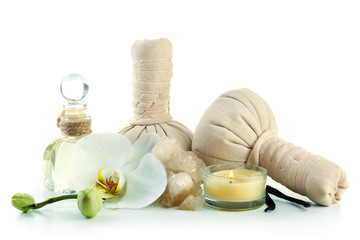 Composition with massage bags, sea salt and orchid flower, isolated on white © Africa Studio