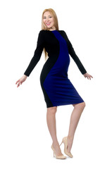 Pretty pregnant woman in black dress isolated on white