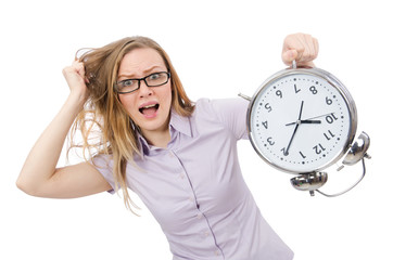 Young employee holding alarm clock isolated on white