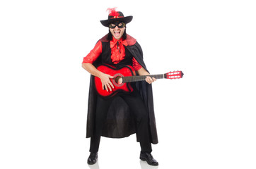 Young man in carnival coat  with guitar isolated on white