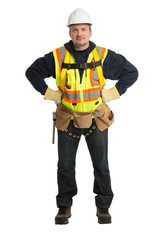 The man in a worker uniform and with building tools