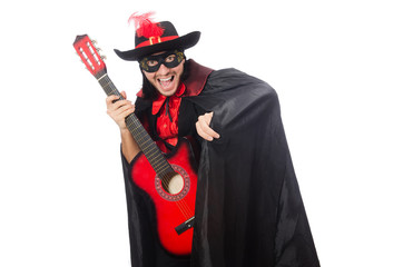 Young man in carnival coat  with guitar isolated on white