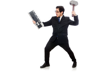 Young employee with keyboard isolated on white