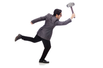 Business man holding hammer isolated on white