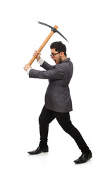 Obraz premium Young businessman holding a tool isolated on white