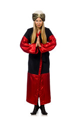 Female magician isolated on white