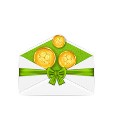 Open white envelope with golden coins and bow ribbon for St. Pat