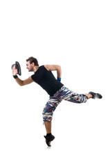 Man dancing dances isolated on white
