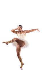 Man in tutu performing ballet dance