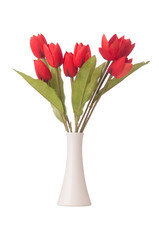 Vase with colourful tulips on white