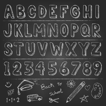 Hand drawn trendy letters alphabet back to school elements