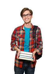 Funny student with books isolated on white