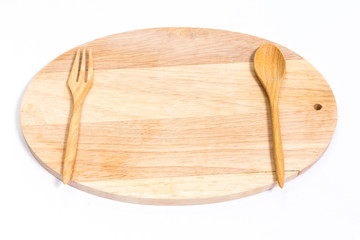 wooden plate with wodden fork and spoon