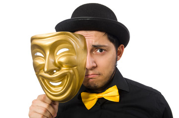 Young man with golden Venetian mask isolated on white