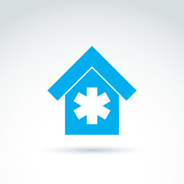 Vector blue medical building illustration, simple hospital icon