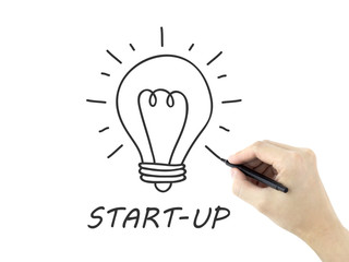 start-up word written by man's hand