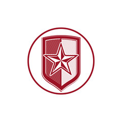 Military shield with pentagonal comet star, protection heraldic