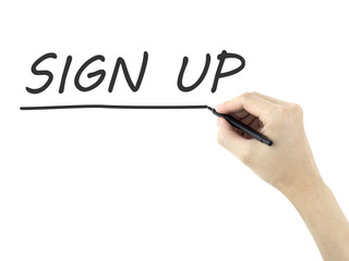 sign up words written by man's hand