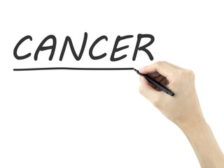 cancer word written by man's hand
