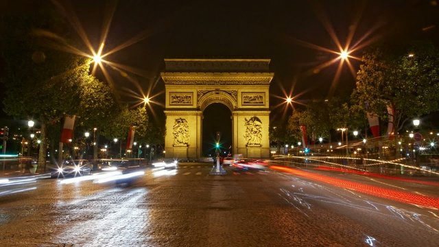 Arch of Triumph at night, Paris, France, Traffic time lapse HD