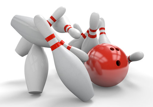 Red 3D bowling ball smashing into pins for a strike