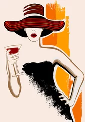 Poster Mooie vrouw met grote hoed met cocktail © Isaxar